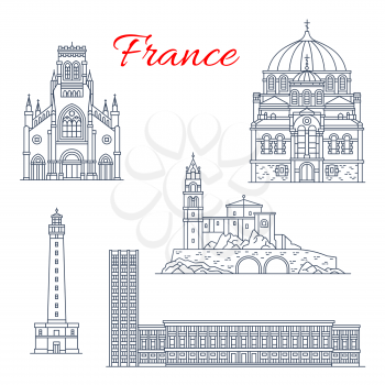 France famous travel landmark buildings and Marseilles architecture sightseeing line icons. Vector set of Sainte Eugenie church, Havre town hall or Saint Michel chapel and Alexander Nevsky Cathedral