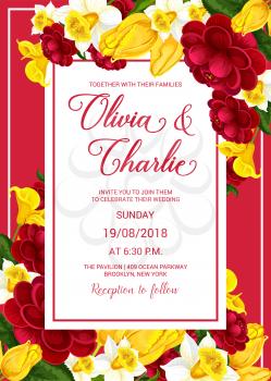 Wedding celebration invitation template with blooming spring flower frame. Wedding ceremony floral card, decorated with peony, daffodil, tulip and calla lily flower for invite poster or flyer design