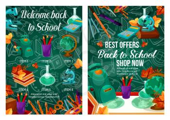 Back to school banner of sale promotion template. Special offer of student items with book, pencil, pen and paint, calculator, globe, backpack and microscope poster with chalkboard on background