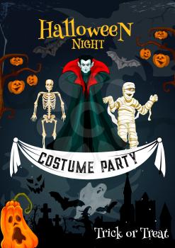 Halloween horror holiday costume party invitation banner. Ghost haunted house and horror cemetery with autumn pumpkin lantern, skeleton and vampire, mummy and bat for trick or treat poster design