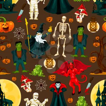 Halloween horror holiday seamless pattern background with scary monsters. October pumpkin lantern, skeleton and spider net, ghost haunted house, moon and devil, dracula vampire, zombie and mummy