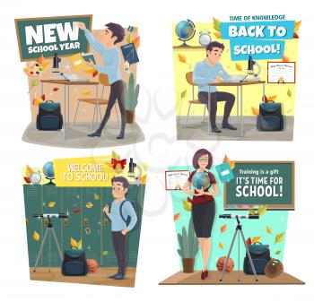 School new year symbols with student at desk or chalkboard and geography teacher with globe, backpack and microscope or telescope, autumn leaves and hall with lockers, sport items vector isolated