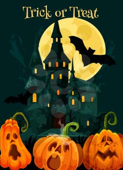 Halloween greeting card of pumpkin scary lantern for trick or treat October holiday party celebration. Vector haunted house, Halloween moon night and black witch bats for October horror design