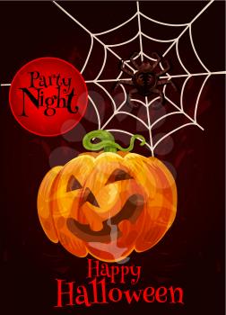 Happy Halloween greeting card of scary pumpkin lantern and trick or treat night party celebration invitation poster. Vector Halloween pumpkin and spider web for witch and monster October holiday