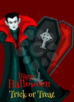 Happy Halloween greeting card design of vampire and coffin for trick or treat holiday. Vector scary zombie monster and tombstone on graveyard for Halloween October party celebration poster