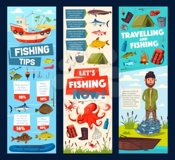 Fishing tips for fisher trip in fish catch. Vector cartoon banners of fisherman camping tent and equipment, fishery boat with rods, tackles and baits for ocean marlin, sea flounder and seafood octopus