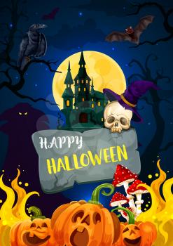Happy Halloween greeting card of cartoon monsters and castle. Vector design of pumpkin in evil fire, skull on tombstone and crow with witch bat or mushrooms for trick or treat party