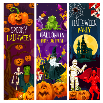 Halloween party and trick or treat night celebration banner. Horror pumpkin, zombie and spider, ghost house, moon and skeleton skull, mummy, devil demon and evil wizard for Halloween invitation design