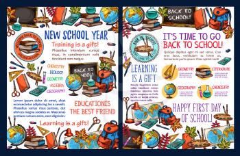 Back to school sketch poster template set. Mathematics, chemistry and geography books, pencil, ruler and globe, backpack, paint and blackboard banner with school supplies badges and text layout