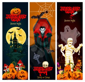 Halloween holiday horror night party banner. Spooky ghost, bat and pumpkin, haunted house, Dracula vampire with coffin and mummy, spider net and moon for Halloween celebration invitation flyer design
