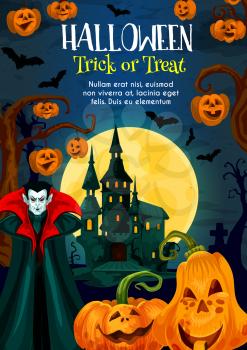 Halloween trick or treat night celebration greeting poster. Ghost house, pumpkin lantern and vampire, bat, full moon and spooky cemetery gravestone for october holiday party invitation banner design