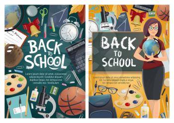 Back to school banners with geography teacher and blackboard, stationery and sport items. Basketball and globe, alarm clock and notebook, backpack and microscope, baseball glove and flasks vector