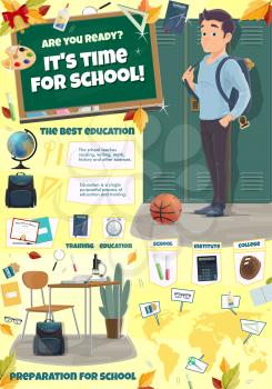 School time poster for education season preparation or back to college. Vector cartoon design of university student boy with school bag or backpack at locker and stationery on world map for geography