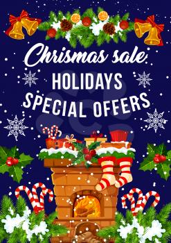 Christmas sale and winter holiday discount price special offer banner. Xmas fireplace with gift stocking and New Year garland festive poster, decorated by bell, snowflake and holly berry, sock and bow