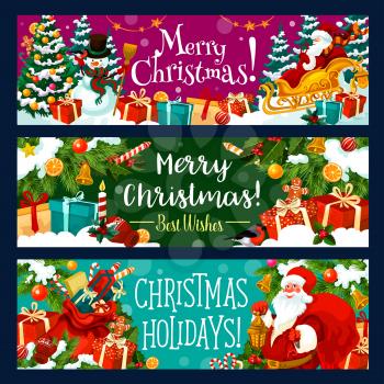 Christmas banner with winter holiday gift and Santa Claus. Xmas tree, Santa and snowman greeting card with bell, present and snow, star, ribbon bow and candy, New Year garland of holly and fir branch
