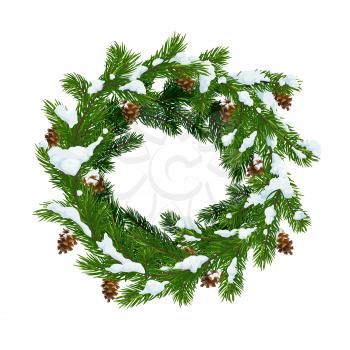 Christmas wreath of fir and pinecones in snow. Merry Christmas and Happy New Year vector Xmas tree decoration wreath with cones and snowflakes