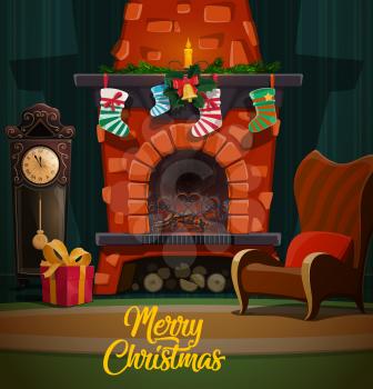 Christmas fireplace in room interior with Xmas and New Year winter holidays gifts, Santa stockings and fir tree garland, chairs, clock and candle, holly and bell. Merry Christmas vector design