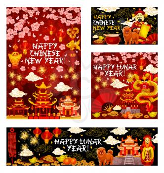 Happy Chinese New Year greeting card and banners of golden dragon and traditional lunar holiday celebration decorations. Vector golden dragon in clouds and Chinese cherry blossom