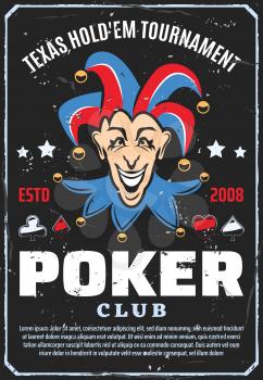 Poker club and gambling game poster. Vector retro design of Joker with playing cards suits of spades, hearts or diamonds and clubs or stars. Casino poker game