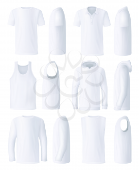 T-shirt and polo, shirt and hoodie, sweatshirt and sleeveless top. Male clothes elements templates in white. Basic garments for men from front and side views. Sport and active vector clothes