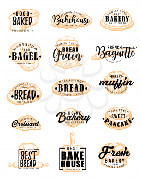 Vector bakery products and bread with pastry food silhouettes and lettering. Bakehouse and bagel, grain and baguette, muffin and croissant, pancake and challah. Wheat meals of dough symbols