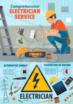 Electrician worker and electricity repair tools. Power repairing equipment of socket and wires, solar battery and ladder, pliers and hard hat. Dangerous profession with ammeter and multumeter