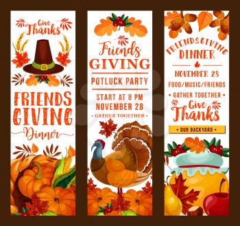 Thanksgiving and Friendsgiving potluck dinner turkey, autumn leaves and pumpkin. November holiday cornucopia, fruits and vegetables, pilgrim hat, honey and orange foliage, vector design
