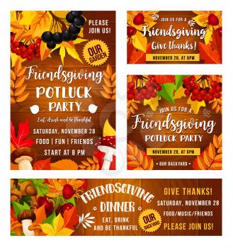 Friendsgiving potluck dinner party poster. Vector Thanksgiving holiday or Friendsgiving eat and drink feast harvest, mushrooms, autumn leaves foliage and berries