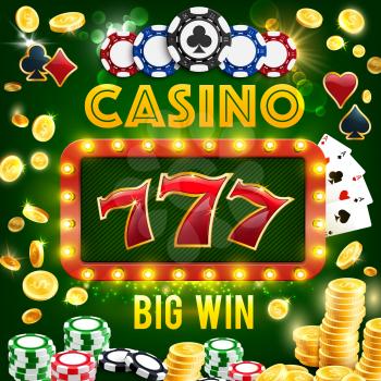 Casino gambling, poker and roulette wheel, slot machines. Vector play cards and poker chips, coins and 777 combination signboard with lamps. Gamblers club with money stakes win and easy earning