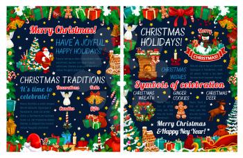 Merry Christmas and New Year greeting vector banners. Winter holiday gift, Santa and Xmas tree, snowman, bell and candle, framed by holly berry, ribbon bow and candy, cookie, snowflake and star