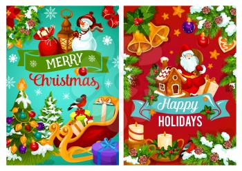 Christmas holiday gifts and Santa sleigh vector greeting. Xmas tree and holly berry with bell, ball and present, Santa, snowman and candle with ribbon banner, snowflake and star. Xmas theme