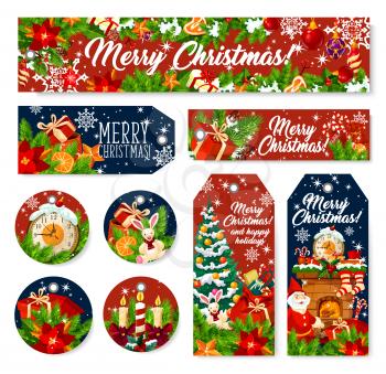 Merry Christmas holiday banners and gift tag. Vector Xmas tree, Santa and present, holly berry garland, candle and snowflake, ribbon bow, star and ball, clock, sock and cookie. Winter holidays