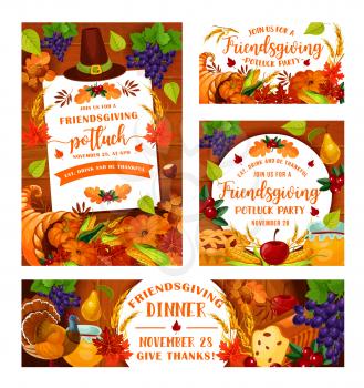 Friendsgiving potluck dinner party of Thanksgiving holiday. Vector Friendsgiving feast or friends dinner eat and drink of autumn pumpkin harvest and leaves foliage