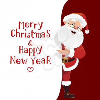 Vector Santa Claus and paper with Merry Christmas and Happy New Year wishes. Winter holiday celebration, fairy character. Elderly man in red costume and hat, beard and belt, boots and glasses