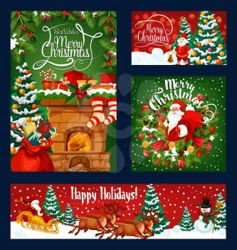 Merry Christmas greeting template on red and green snow background. Vector Xmas pine tree, balls and bell, snowman and gift stockings on fireplace chimney, Santa sleigh and holiday wreath