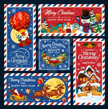 Merry Christmas and Happy New Year postcards with Santa Claus on reindeer sleigh and air balloon, gifts, snowman and Xmas garland, snowy house, presents and bells. Winter holidays, vector postcard