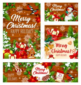 Christmas winter holidays gifts and presents on wooden background. Snowman with bag, Xmas pine tree, holly wreath with bell, snowflake and candy, sock, ribbon and calendar. Vector greeting card