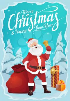 Merry Christmas and Happy New Year greeting card. Vector Santa Claus and gold jingle bell, gift box and sack of presents. Winter holiday celebration, forest in snow, fairy character and fir or spruce