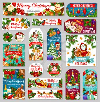 Christmas and New Year tags or labels, winter holiday gift. Xmas tree with gift, bell and ball, Santa, snowman and present, holly garland, candle and cookie, calendar and ribbon banner with greetings