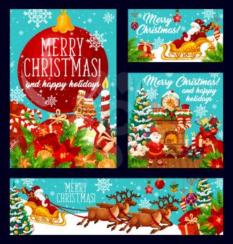 Merry Christmas greeting cards or banners. Xmas pine tree decorations and Santa gifts with snowflakes. Vector Santa in sleigh with deer, candy and chimney, gingerbread cookies and candle