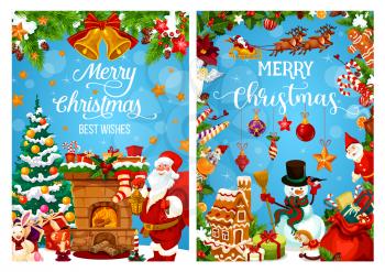 Merry Christmas best wishes vector greeting card. Santa at fireplace, winter holiday season. Vector gift stocking, Christmas snowman and gingerbread, Santa sleigh, poinsettia star and holly wreath