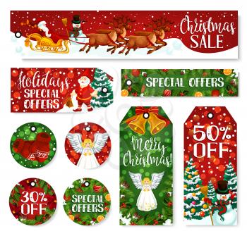 Christmas winter holiday sale tags, gift discount price special offer. Vector Xmas tree, snowman and Santa reindeer sleigh, holly berry wreath, bell and ribbon bow for retail sale seasonal design