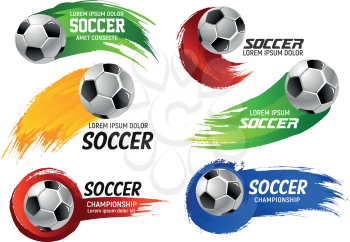 Soccer game sport or football cup tournament emblems design templates of ball on of red, yellow and blue or football color splash. Vector icons of soccer ball for football league match or college team
