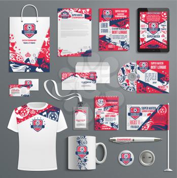 Soccer of football championship advertising promo items templates for branding. Vector soccer ball and flags branded office stationery t-shirt apparel, business card, flag, mug cup and paper bag