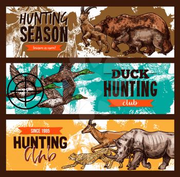 Hunting open season or hunter club sketch banners templates. Vector design of wild duck hunt, African safari hunting for zebra or gazelle and rhinoceros, forest bear and aper hog