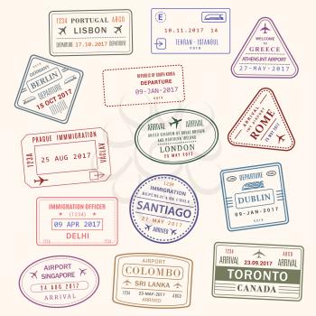 Passport country stamps vector set of Lisbon Portugal, Athens Greece or London Britain and Toronto Canada. Isolated passport ink stamp of Santiago, Colombo in Sri Lanka and Delhi India travel