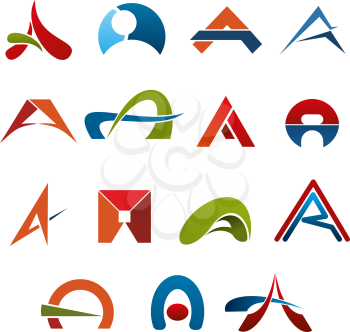A letter icons tempates for corporate or business company name emblems. Vector set of A letter in abstract shape in red, green, blue and yellow colors for transport, construction or building industry