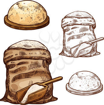 Baking flour bag and bread sketch icons for bakery shop or product package design template. Vector isolated symbols of flour sack and fresh baked wheat bread bagel or rye loaf