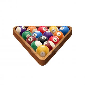 Pool or American billiards balls in triangle. Vector isolated icon of snooker color balls with numbers in wooden rack for poolroom sport game symbol or or championship tournament design template
