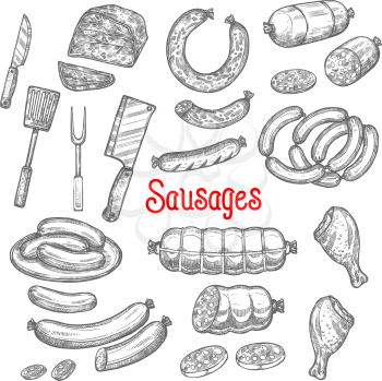Meat and sausages delicatessen sketch icons. Vector isolated pepperoni, cervelat or salami sausage bunch, curry wurst or organic pork bacon brisket and chicken wing or leg for culinary or butcher shop